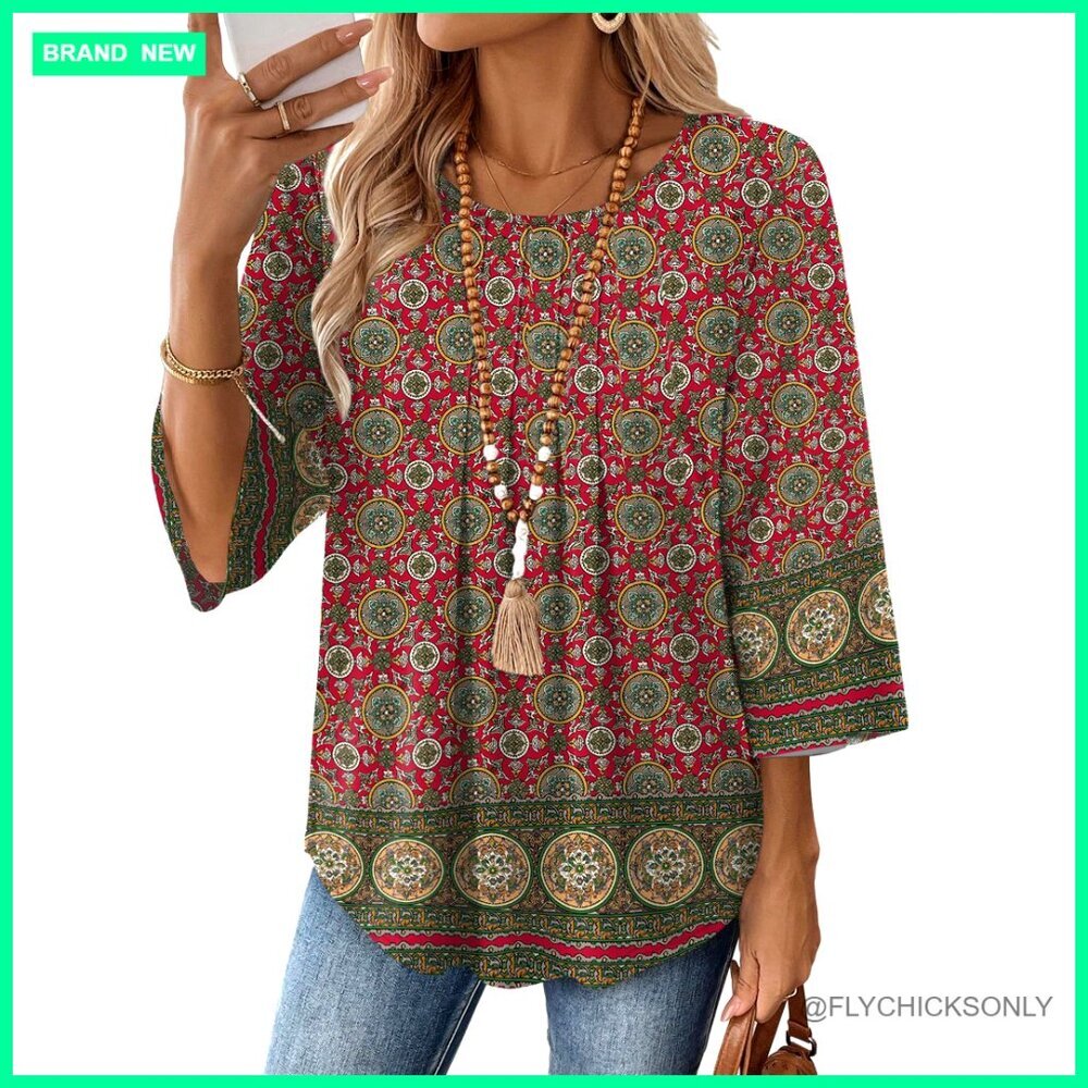 3/4 Sleeve Peasant Top Loose Fit Polyester Spandex Blouse Work Casual
